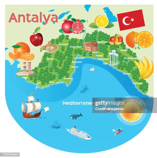 antalya travel map - temple of hadrian turkey stock illustrations