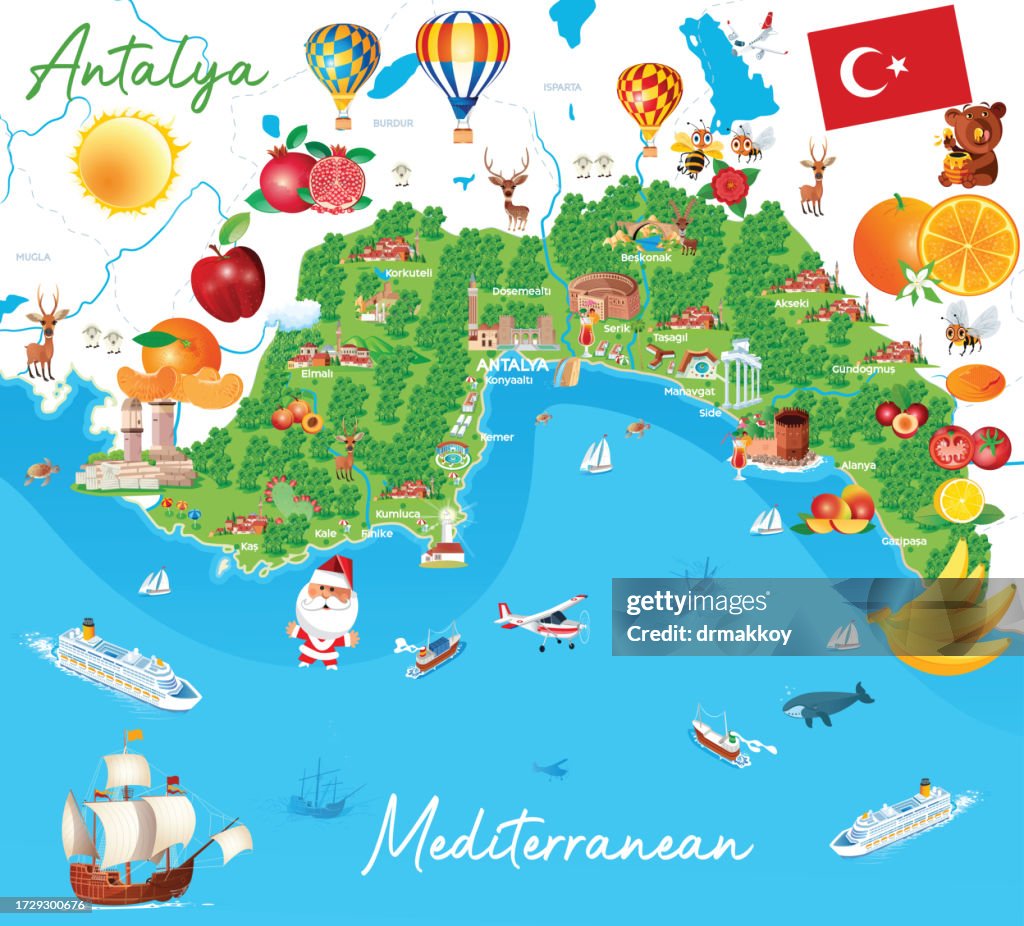 Cartoon map of Antalya and Fruits