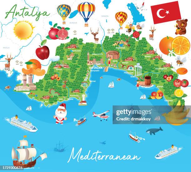 cartoon map of antalya and fruits - temple of hadrian turkey stock illustrations