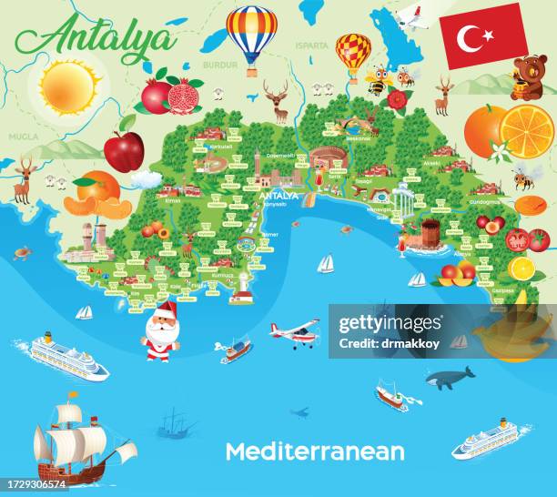 cartoon map of antalya and ancient cities - antalya kas stock illustrations