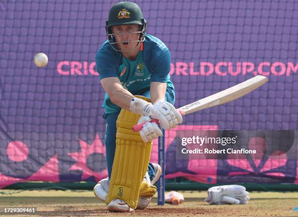 Marnus Labuschagne of Australia bats during an Australian training session at the ICC Men's Cricket World Cup India 2023 at the BRSABVE Cricket...