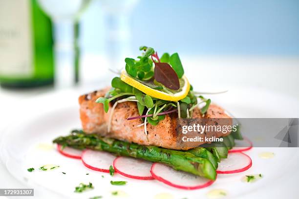 grilled salmon - microgreen stock pictures, royalty-free photos & images