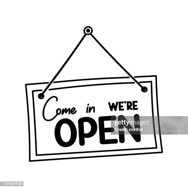 ilustrações de stock, clip art, desenhos animados e ícones de come in we are open hanging door sign vector illustration. - pendurar