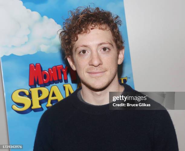 Than Slater poses at a press day for the new production of "Monty Python's Spamalot" on Broadway at Gibney Studios NYC on October 10, 2023 in New...