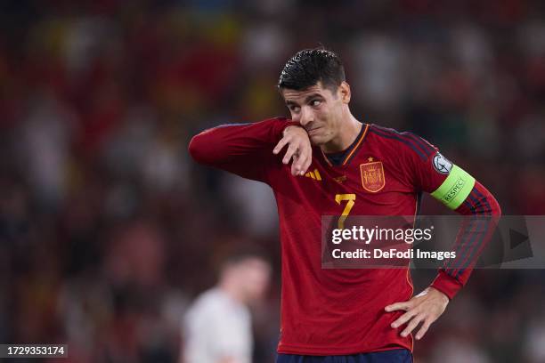 Alvaro Morata of Spain gestures during the UEFA EURO 2024 European qualifier match between Spain and Scotland at Estadio de La Cartuja on October 12,...