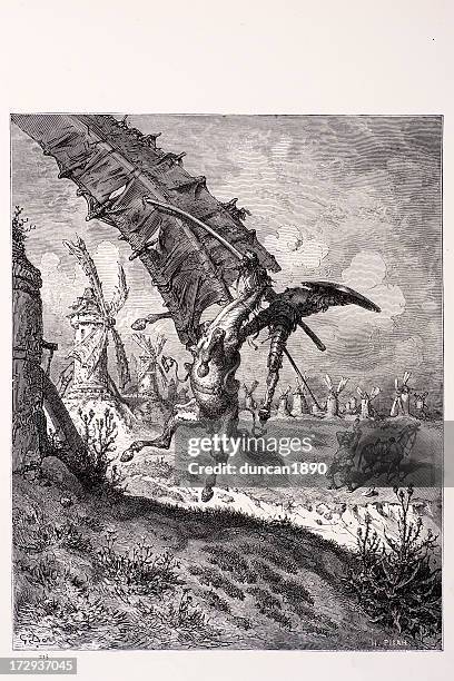 adventure with the windmills - don quixote stock illustrations