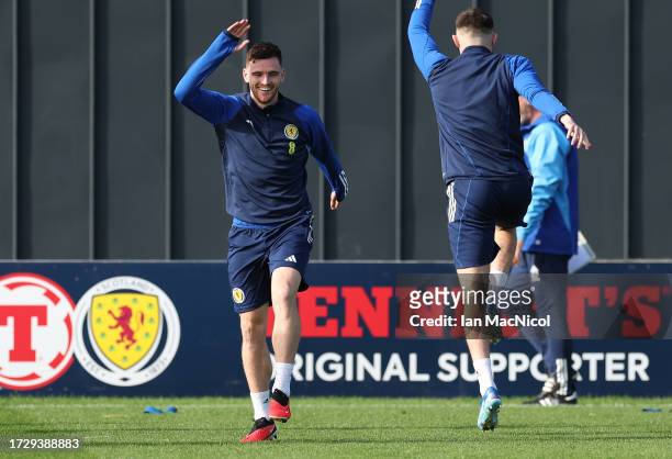 Andrew Robertson of Scotland warms up during a training session at Lesser Hampden on October 11, 2023 in Glasgow, Scotland.