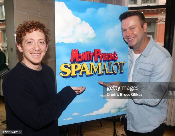 Ethan Slater and Taran Killam pose at a press day for the new production of "Monty Python's Spamalot" on Broadway at Gibney Studios NYC on October...