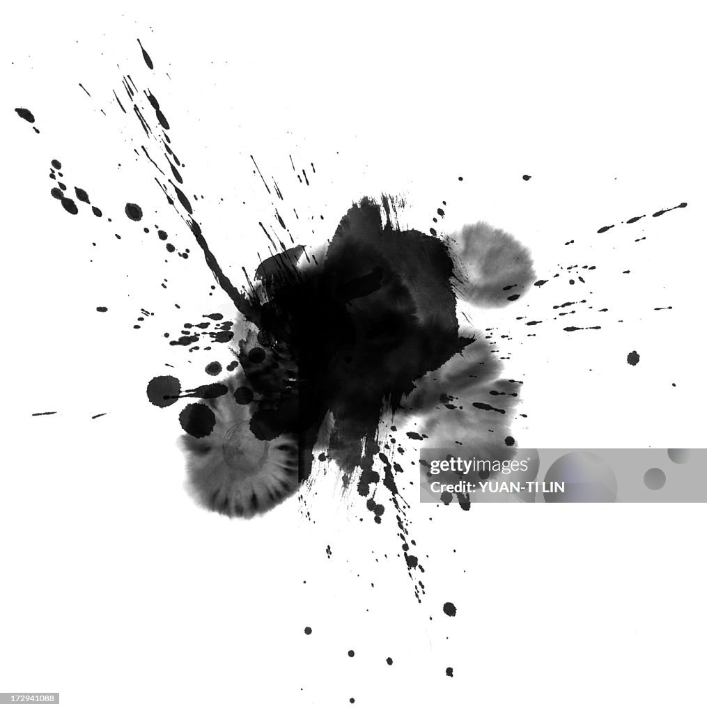 Ink wash painting splatter on a white background