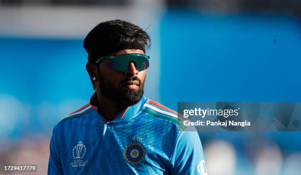 Hardik Pandya of India looks on during the ICC Men's Cricket World Cup India 2023 between India and Afghanistan at Arun Jaitley Stadium on October...