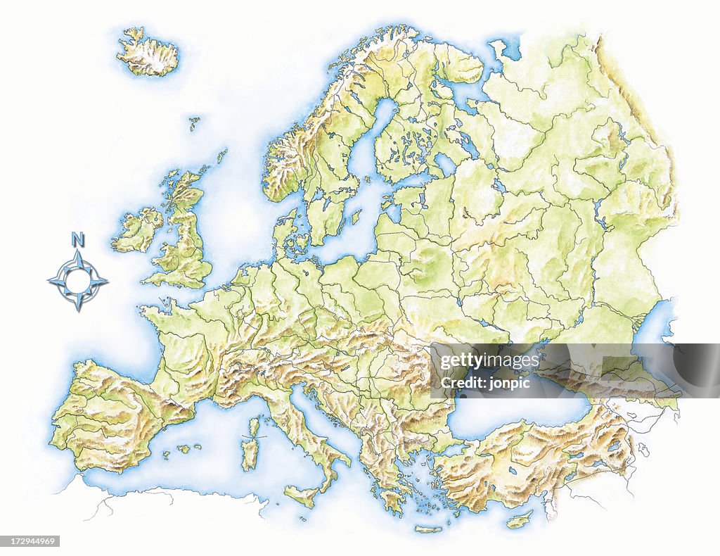 Topographical Map of Europe, Hand Painted water colour illustration
