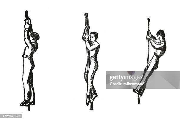 old engraved illustration of hygienic gymnastics, healthy lifestyle - sports and exercises: rope gymnastics - artistic gymnastics stock pictures, royalty-free photos & images