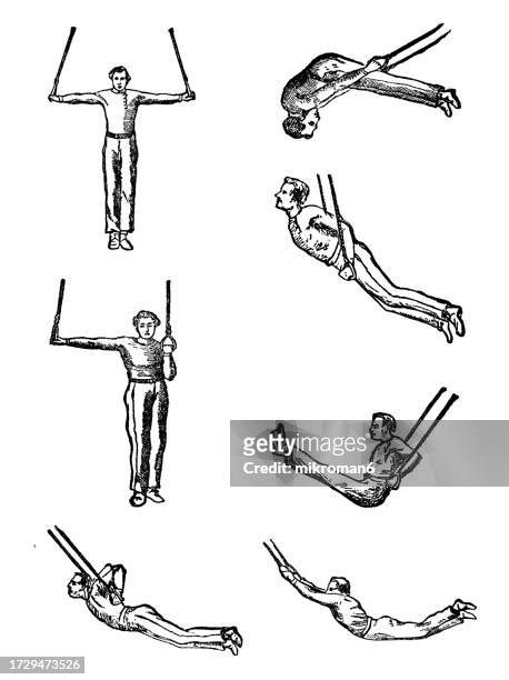 old engraved illustration of hygienic gymnastics, healthy lifestyle - sports and exercises: rope gymnastics - artistic gymnastics stock pictures, royalty-free photos & images