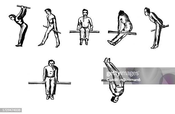 old engraved illustration of hygienic gymnastics, healthy lifestyle - sports and exercises: gymnastic exercises using a bar - artistic gymnastics stock pictures, royalty-free photos & images