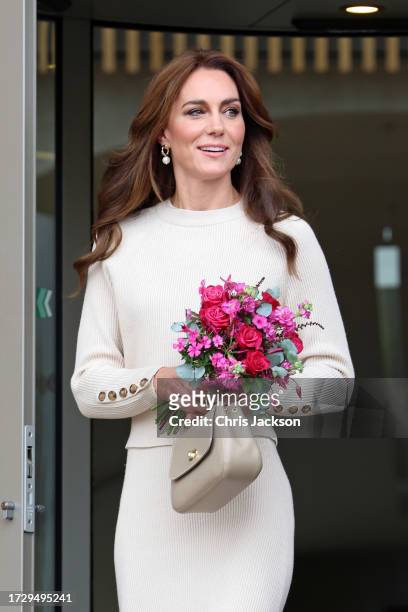 Catherine, Princess of Wales leaves after a visit to Nottingham Trent University to learn about their mental health support system on October 11,...