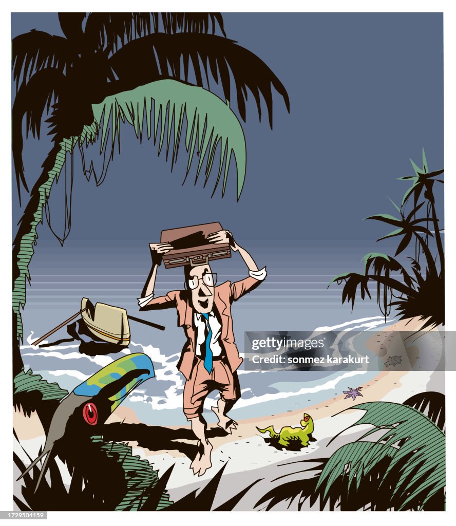 Businessman reaching deserted tropical island