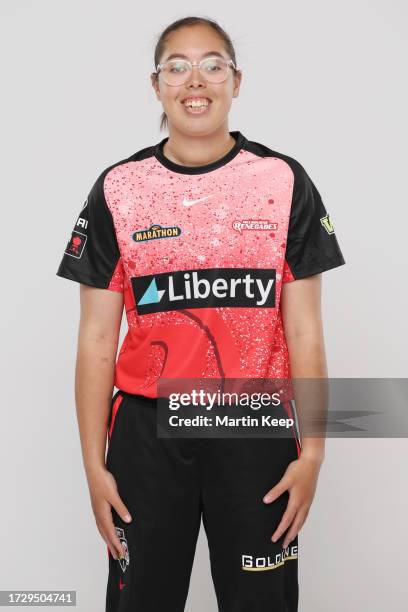 Ella Hayward of the Melbourne Renegades poses for a photo during a Melbourne Renegades headshot session at Junction Oval on October 17, 2023 in...