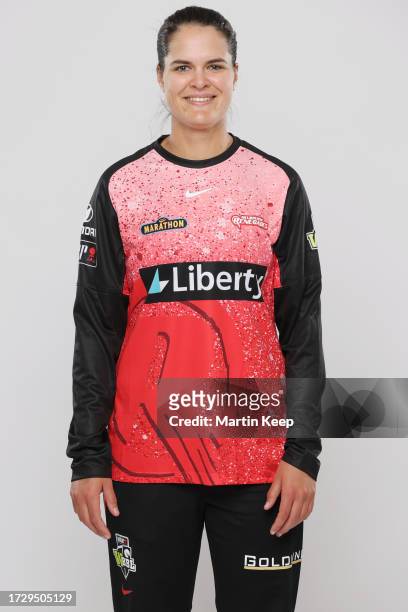 Josie Dooley of the Melbourne Renegades poses for a photo during a Melbourne Renegades headshot session at Junction Oval on October 17, 2023 in...