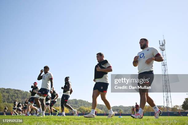 The England forwards warm up during a training session at Stade Georges Carcassonne on October 11, 2023 in Aix-en-Provence, France.