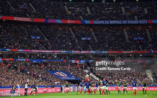 Paris , France - 15 October 2023; Cameron Woki of France wins possession in the lineout during the 2023 Rugby World Cup quarter-final match between...