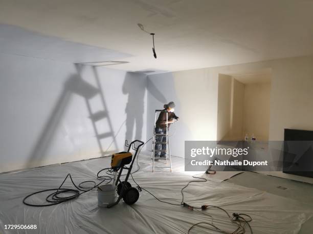 woman painting the walls of a room - unfinished basement stock pictures, royalty-free photos & images