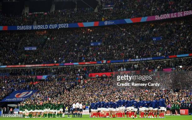 Paris , France - 15 October 2023; Both teams stand for the National Anthem before the 2023 Rugby World Cup quarter-final match between France and...