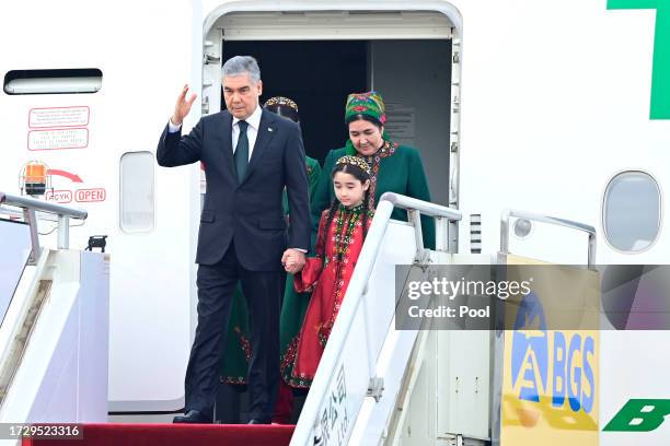 Chairman of the People's Council of Turkmenistan Gurbanguly Berdimuhamedow, arrives at Beijing Capital International Airport to attend the Third Belt...
