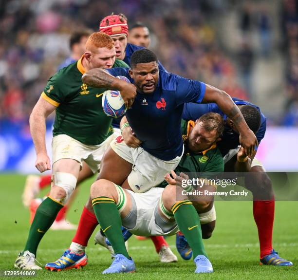 Paris , France - 15 October 2023; Jonathan Danty of France is tackled by Duane Vermeulen of South Africa during the 2023 Rugby World Cup...