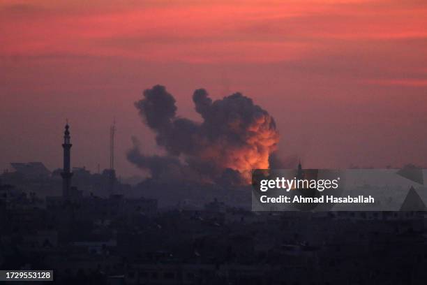 Explosion and smoke caused by Israeli air raids seen on October 11, 2023 in Gaza City, Gaza. Almost 800 people have died in Gaza, and 187, 000...