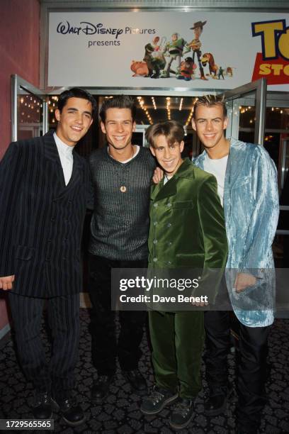 English boy band 'Upside Down' attend the premiere for John Lasseter's 'Toy Story', London, 20th March 1996.