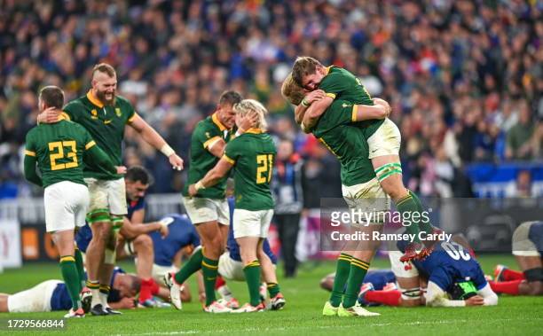 Paris , France - 15 October 2023; Kwagga Smith of South Africa, right, celerates with team-mate Pieter-Steph Du Toit after the 2023 Rugby World Cup...