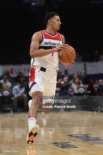 Johnny Davis of the Washington Wizards in action against the Cairns Taipans during the second half of a preseason game at Capital One Arena on...