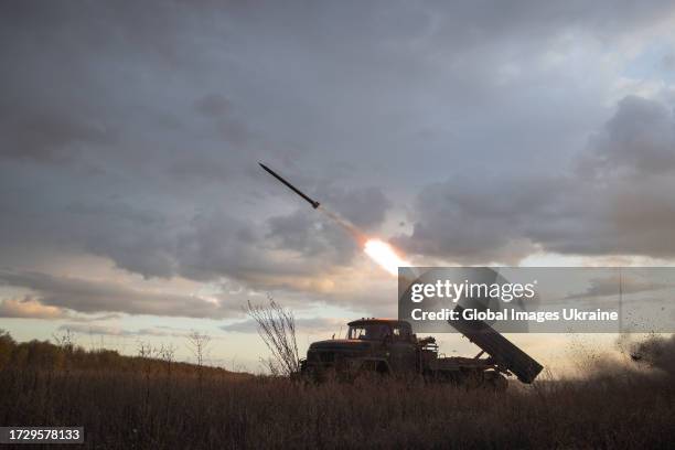 Ukrainian multiple rocket launcher 9К55 "Grad-1" fires on Russian position on October 10, 2023 in Donetsk Oblast, Ukraine. Ukrainian gunners practice...