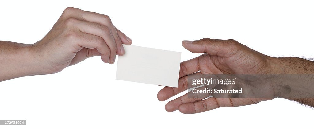 One Hand Passing a Blank Business Card to Another