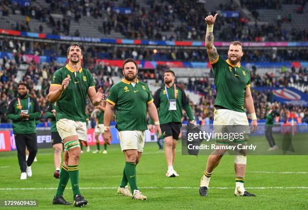 Paris , France - 15 October 2023; South Africa players, from left, Eben Etzebeth, Frans Malherbe, and RG Snyman after the 2023 Rugby World Cup...