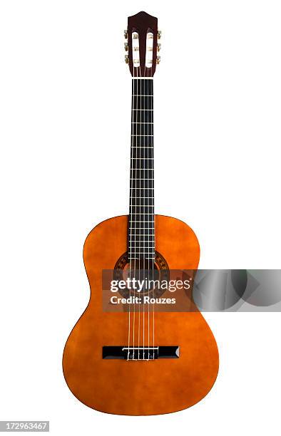 chestnut colored 6-string acoustic guitar - guitar isolated stock pictures, royalty-free photos & images