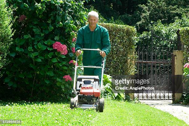 man with lawn mower - mowing lawn stock pictures, royalty-free photos & images