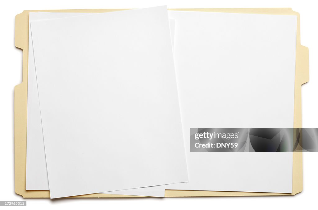 Blank paper in an open file folder on white background