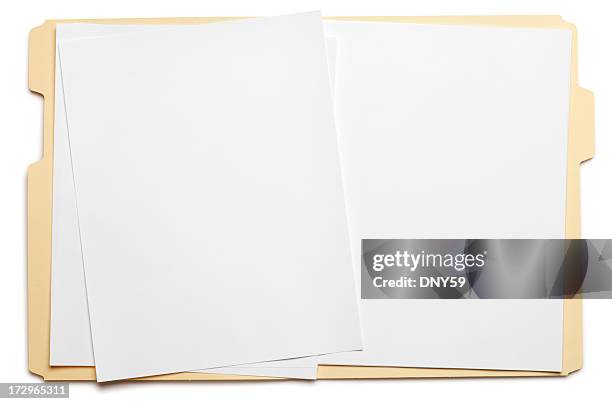 blank paper in an open file folder on white background - file photo stock pictures, royalty-free photos & images