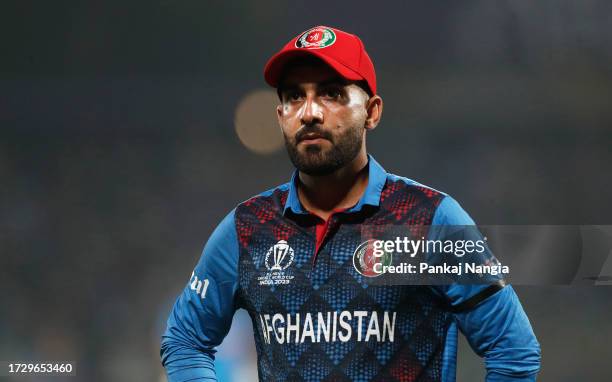 Hashimatullah Shahidi of Afghanistan looks on during the ICC Men's Cricket World Cup India 2023 between India and Afghanistan at Arun Jaitley Stadium...