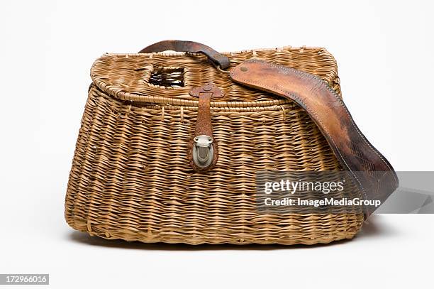 creel with shoulder strap - creel fishing stock pictures, royalty-free photos & images