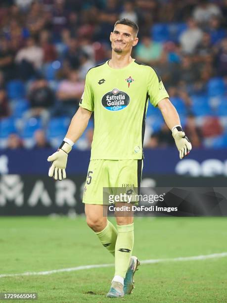 Ander Cantero of Racing Ferrol looks on during the LaLiga Hypermotion match between Levante UD and Ferrol at Ciutat de Valencia on October 16, 2023...