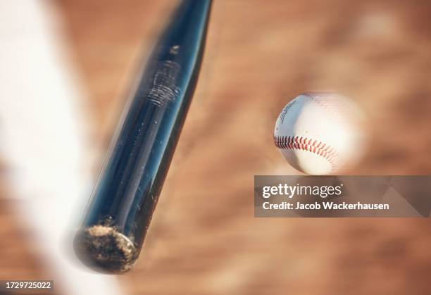 Softball, hit and closeup of field for training, sports and fitness, competition or outdoor exercise. Blur, ball and bat on a baseball background with power strike in action, speed or performance