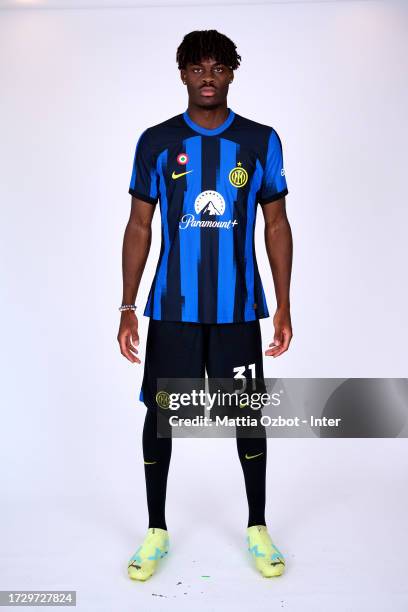 Yann Aurel Bisseck of FC Internazionale pose for a photo during the FC Internazionale headshot media day at Appiano Gentile on July 16, 2023 in Como,...