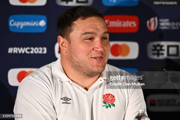 Jamie George of England speaks to the media during a press conference at Conservatoire Darius Milhaud on October 11, 2023 in Aix-en-Provence, France.