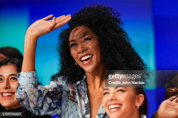 Aoki Lee Simmons and Antonia Gentry attend the Nasdaq Day Of The Girl 2023 market opening bell at the NASDAQ MarketSite on October 11, 2023 in New...