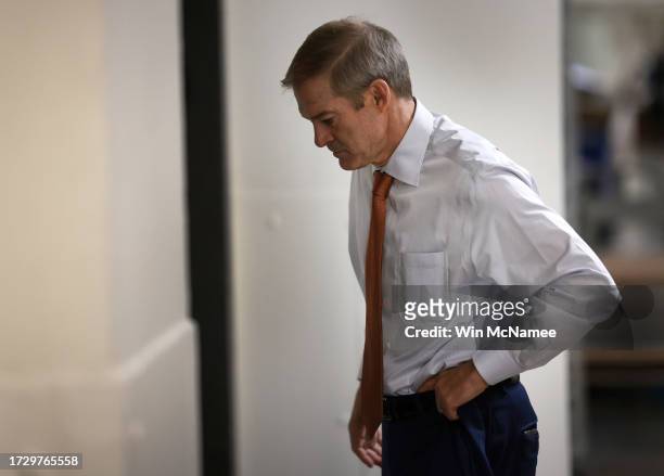 Rep. Jim Jordan arrives to a candidate forum with House Republicans to hear from members running for U.S. Speaker of House in the Longworth House...