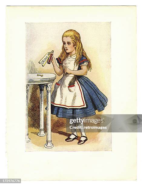 drink me illustration, (alice's adventures in wonderland) - alice stock illustrations