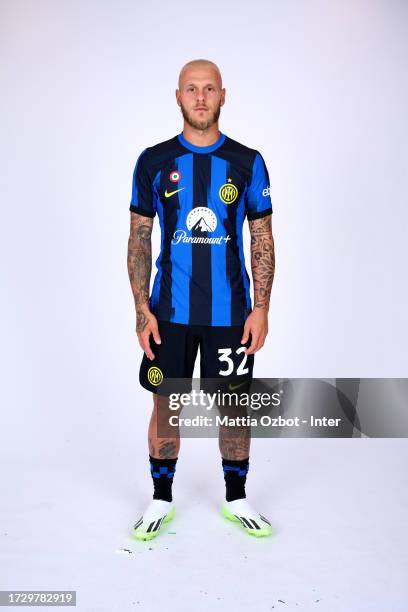 Federico Dimarco of FC Internazionale pose for a photo during the FC Internazionale headshot media day at Appiano Gentile on July 18, 2023 in Como,...