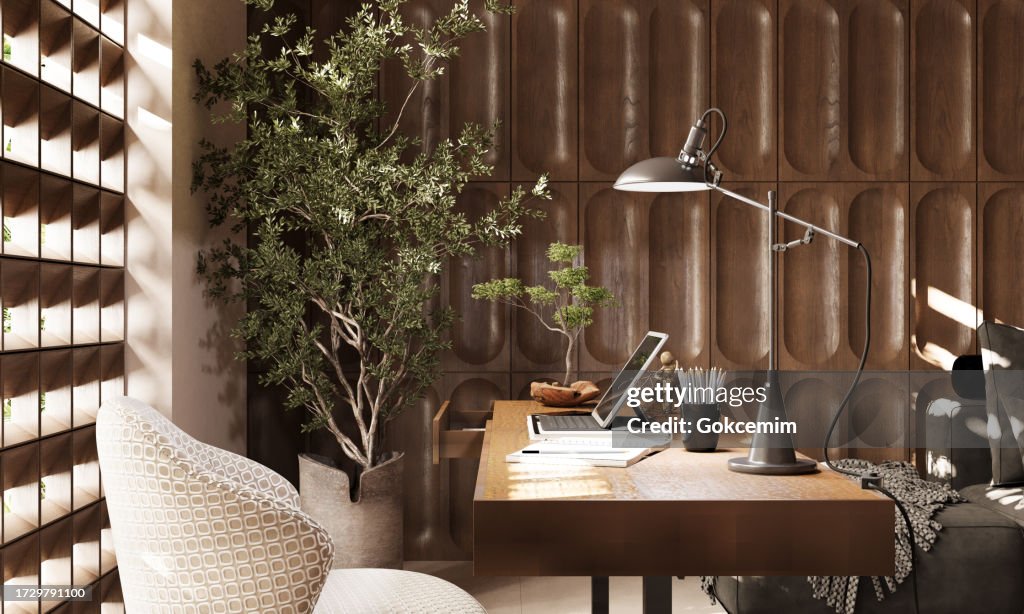 Luxury Home Office Interior With Wood Paneling Window And Wooden Desk ...